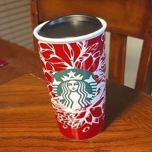 Starbucks 2016 Red Ceramic Travel Tumbler Mug ~ 12 oz Bird Christmas Berries